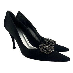 Stuart Weitzman Satin Crystal Flower Pointed Toe Heels size 8